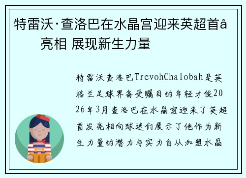 特雷沃·查洛巴在水晶宫迎来英超首发亮相 展现新生力量 特雷沃·查洛巴在水晶宫迎来英超首发亮相 展现新生力量